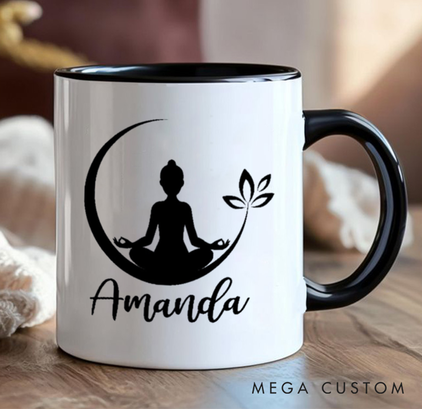 Personalized Yoga Mug Minimalist Meditation Design with Moon & Leaf Custom Name Perfect Gift for Yoga & Mindfulness Lovers
