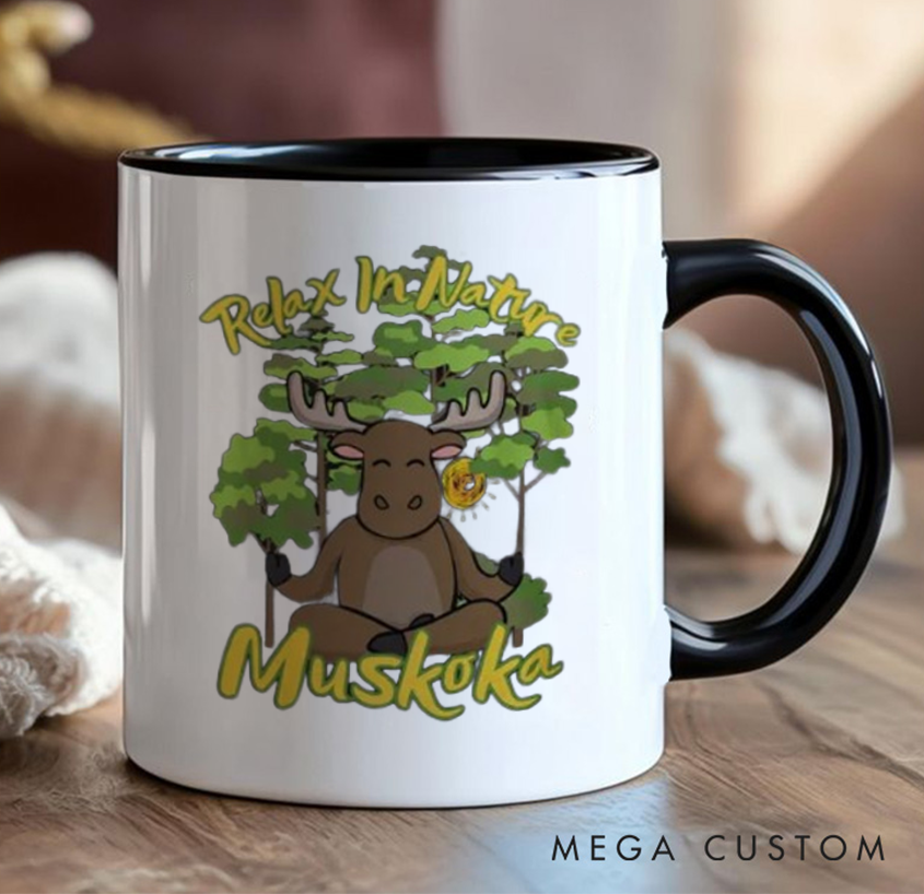 Personalized Yoga Mug with Cute Moose and Forest Design Custom Place Name Perfect Gift for Nature Lovers and Yoga Lovers