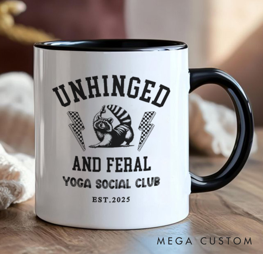 Personalized Yoga Mug with The Words "Crazy Wild Yoga Social Club" Printed on It Funny Raccoon Mug Custom Name Perfect Gift for Yoga Lovers