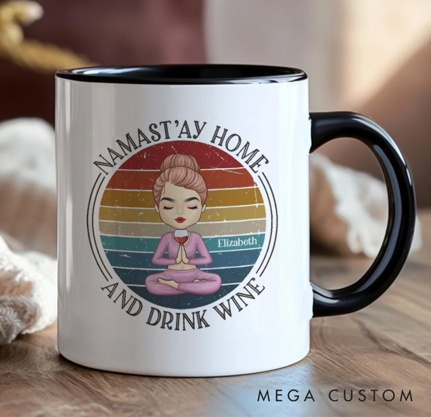 Personalized Yoga Mug Funny "Namast'ay Home and Drink Wine" Design with Retro Style Custom Name Perfect Gift for Yoga and Wine Lovers