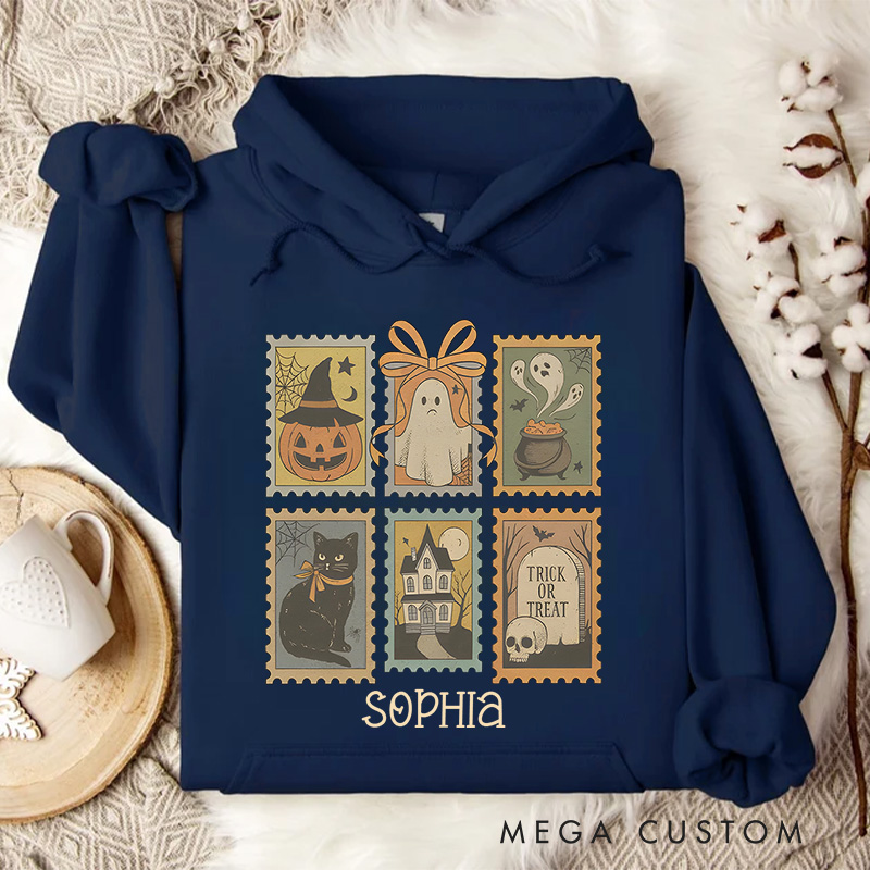 Personalized Vintage Halloween Postage Stamps with Spooky Icons Hoodies
