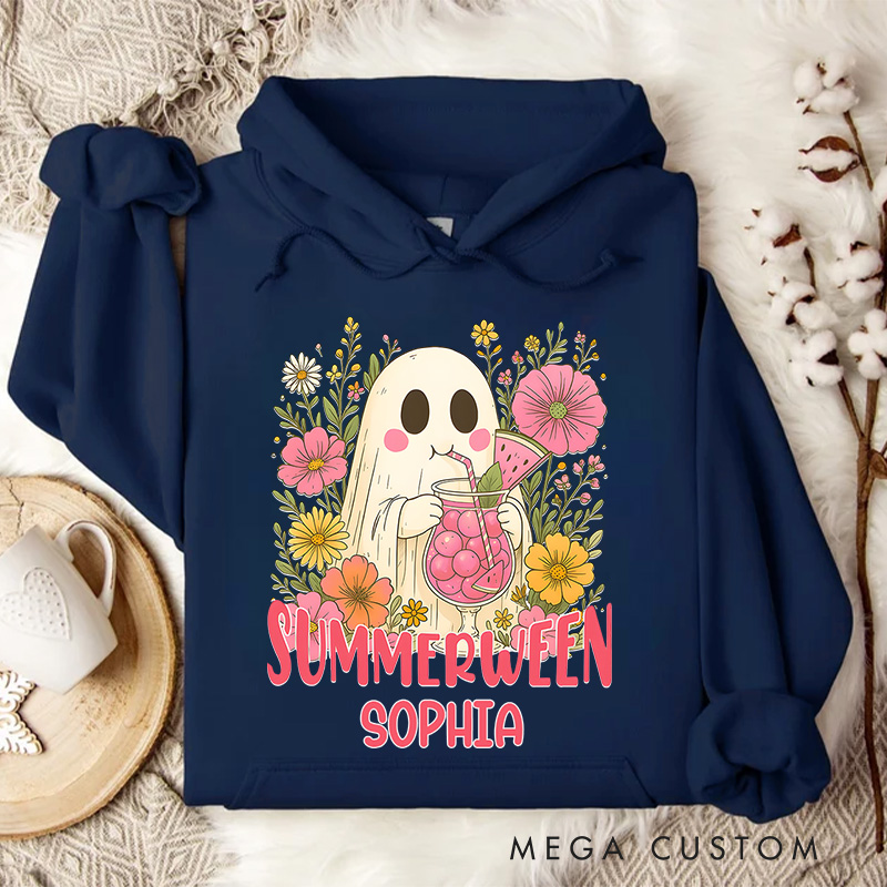 Personalized Summerween Ghost with Colorful Flowers and Happy Vibes Hoodies