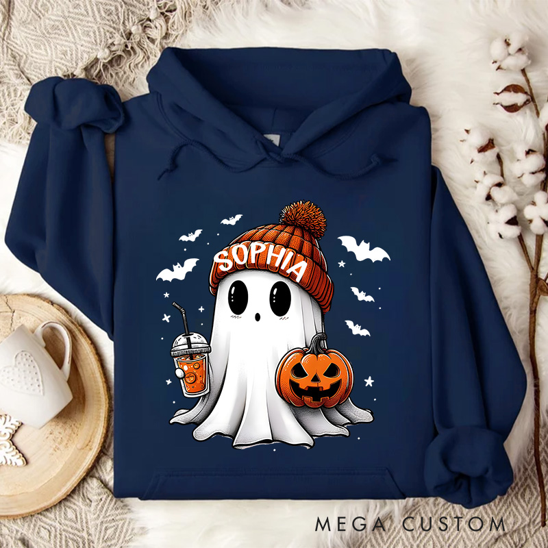 Personalized Adorable Ghost with Pumpkin and Coffee Autumn Halloween Aesthetic Hoodies