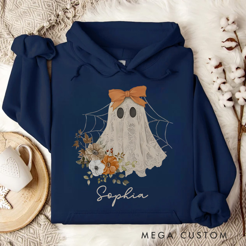 Personalized Elegant Ghost with Bow and Floral Accents Halloween Hoodies