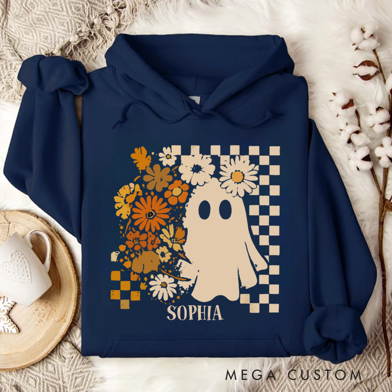 Personalized Cute Ghost with Sunflowers and Checkerboard Pattern Rustic Halloween Hoodies