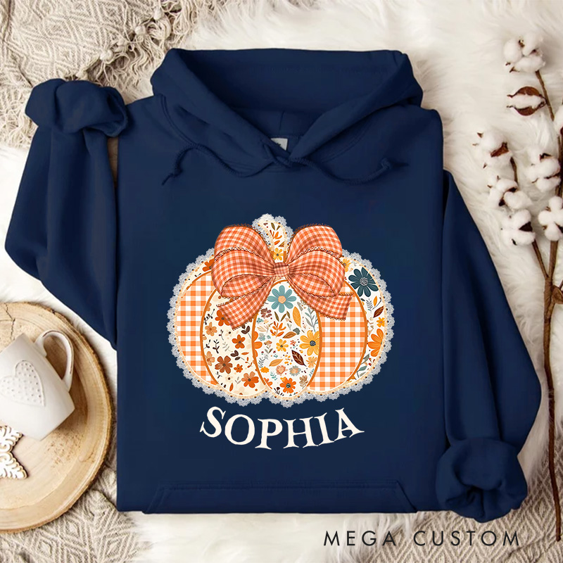 Personalized Gingham Pumpkin with Bow and Floral Accents Autumn Harvest Hoodies