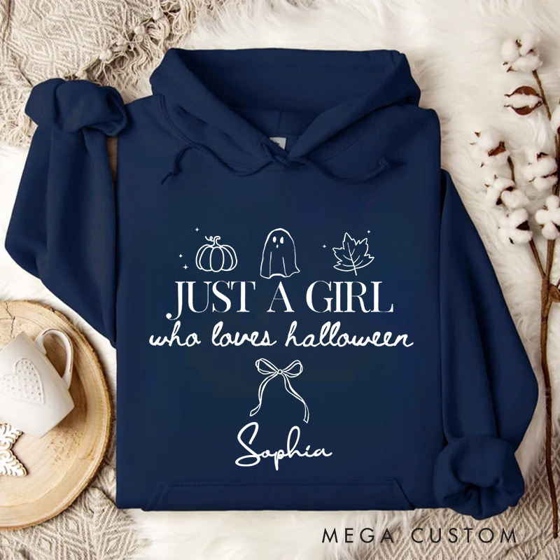 Personalized Just a Girl Who Loves Halloween Cute and Playful Ghostly Fun Hoodies