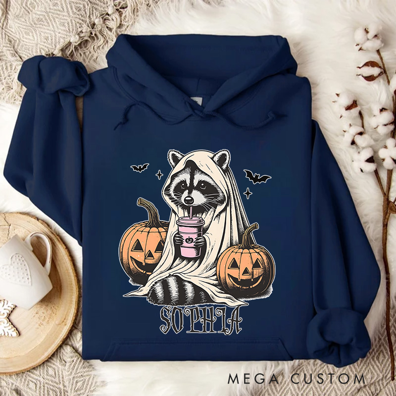 Personalized Raccoon with Pumpkins and Bats Adorable Halloween Forest Vibes Hoodies