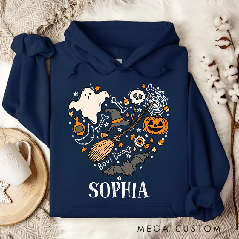 Personalized Enchanting Halloween Heart Collage with Ghosts and Pumpkins for Festive Hoodies