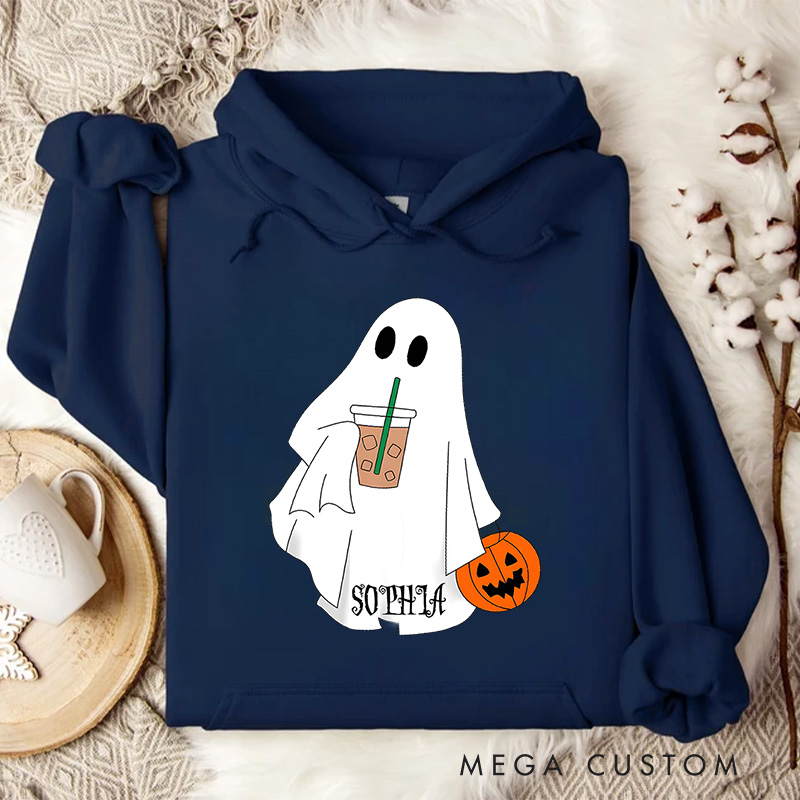 Personalized Ghost Enjoying Coffee Illustration for Cozy and Playful Autumn Hoodies