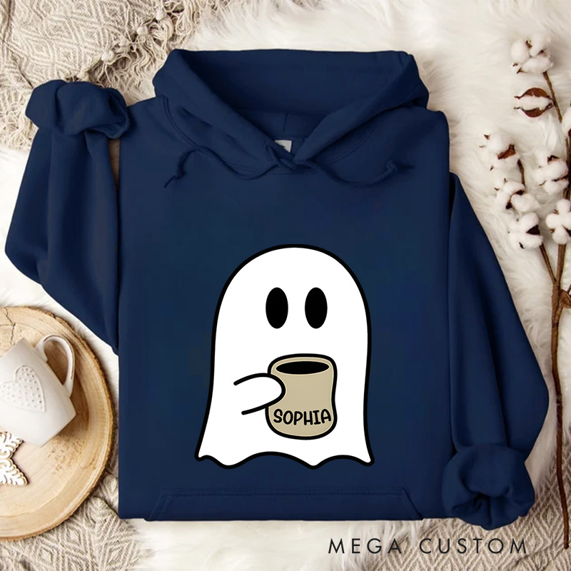 Personalized Coffee Loving Ghost Illustration for Relaxed and Cozy Autumn Hoodies
