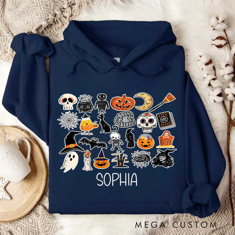 Personalized Halloween Icon Collage with Ghosts and Pumpkins for Festive Hoodies
