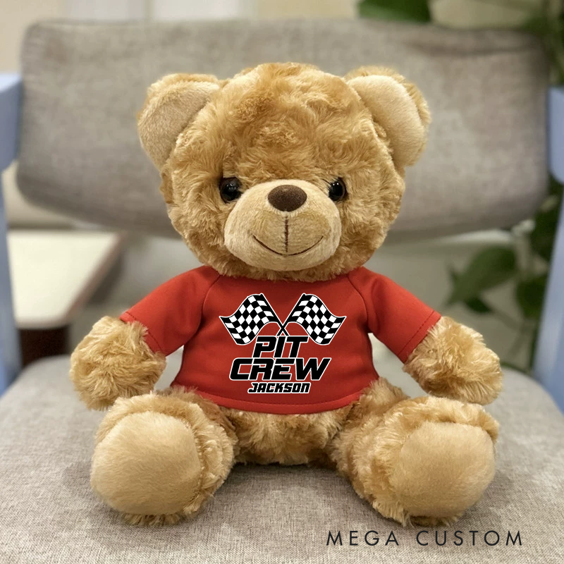 Personalized Pit Crew Brown Bear Plush Toy Custom Racing Vehicle Lover Gift