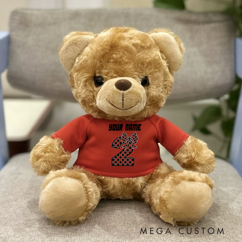 Personalized Racing Brown Bear Plush Toy Custom Birthday Age Gift