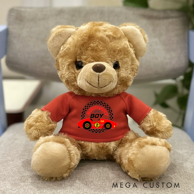 Personalized Birthday Boy Brown Bear Plush Toy Custom Racing Car Age Gift