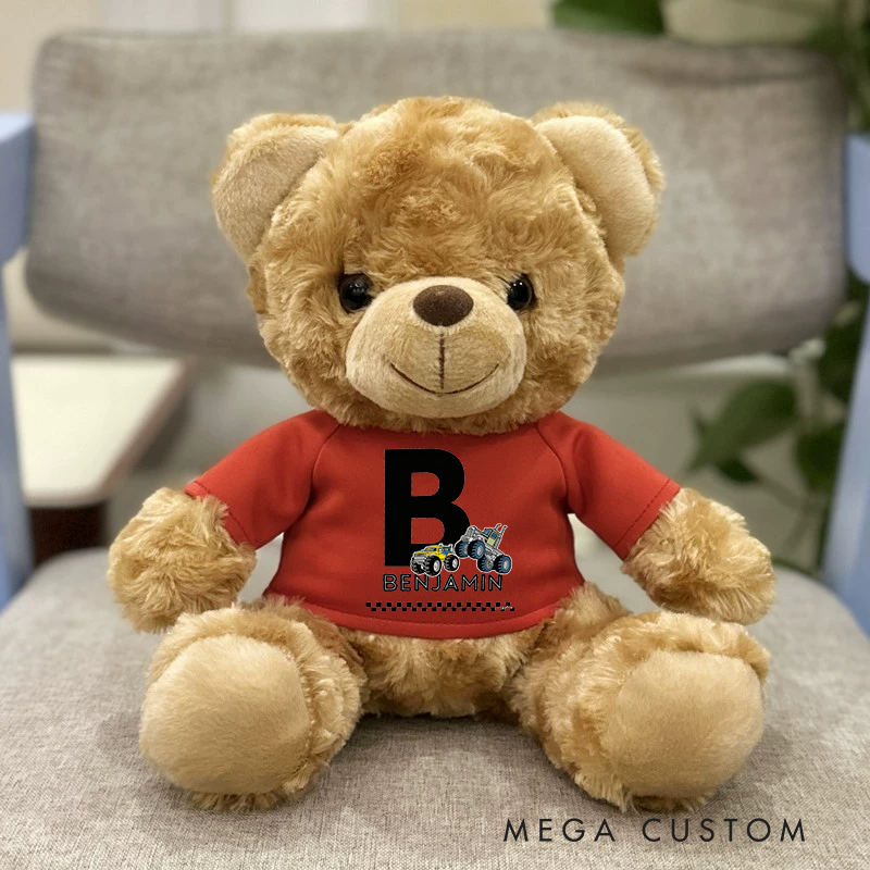 Personalized Initial Brown Bear Plush Toy Custom Name Monster Truck Gift