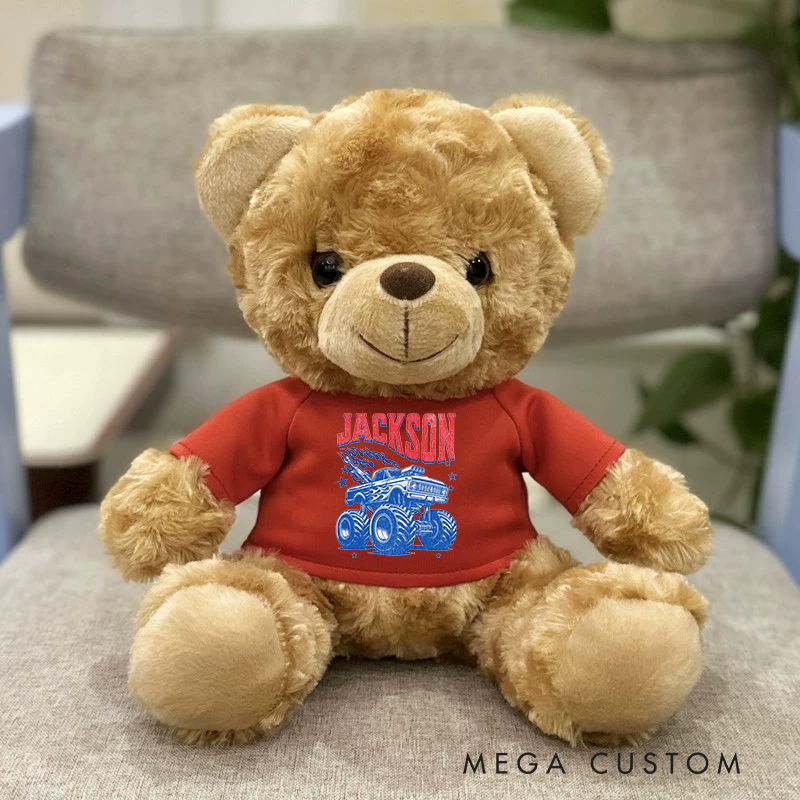 Personalized Monster Truck Brown Bear Plush Toy Custom Name Gift