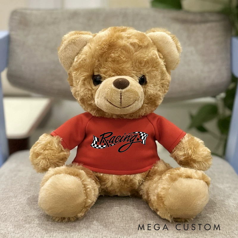 Personalized Racing Brown Bear Plush Toy Custom Checkered Flag Gift
