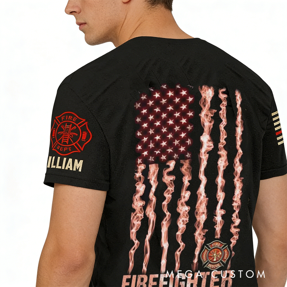 Personalized Firefighter T-Shirt with Smoky American Flag Design Perfect Custom Gift for Heroes