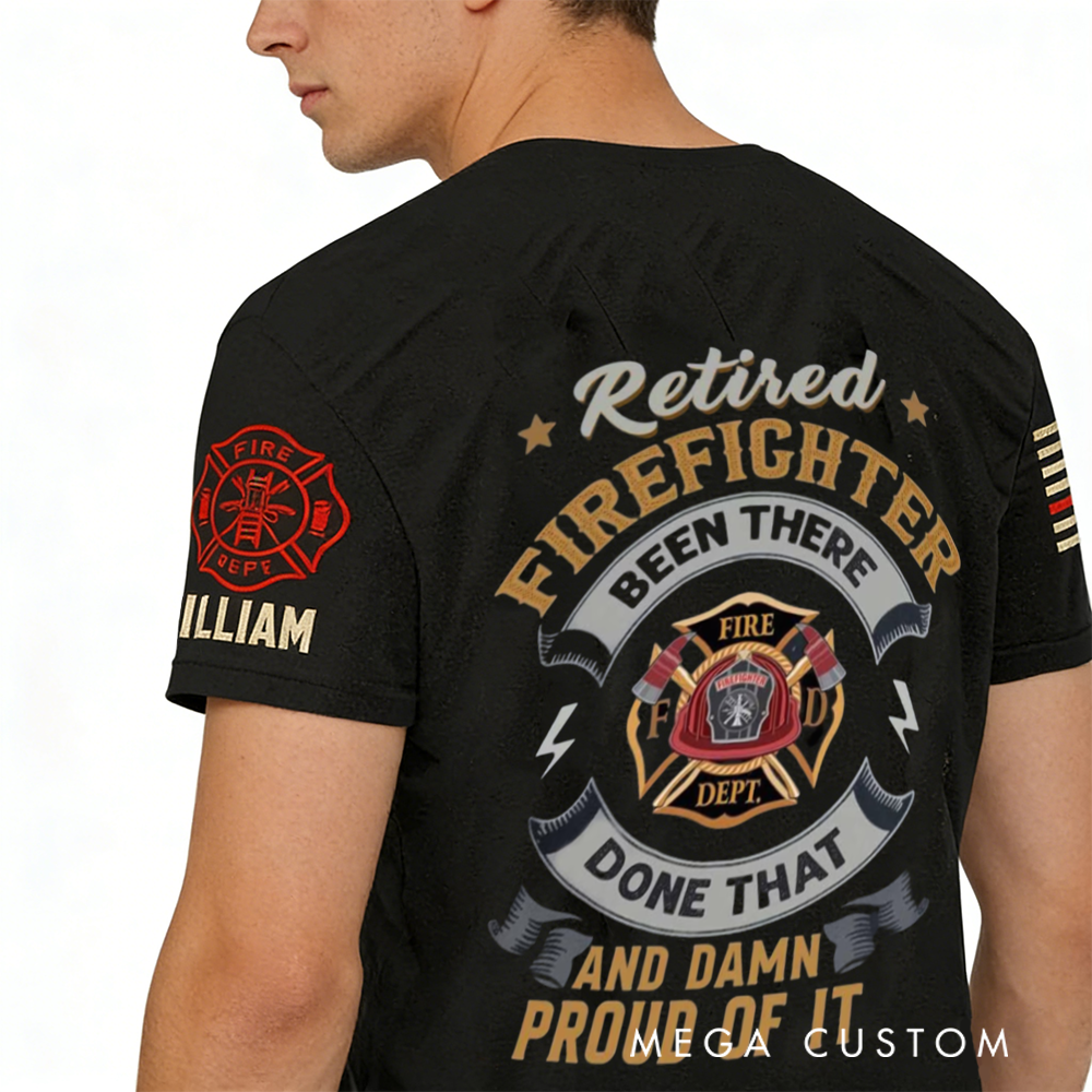 Personalized Retired Firefighter T-Shirt with Custom Name and Badge Design Proud Retirement Gift
