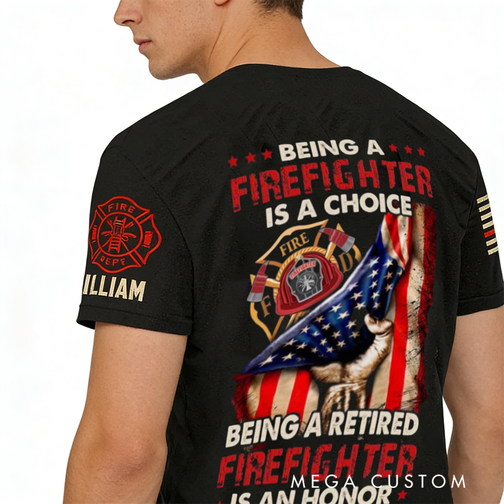 Personalized Retired Firefighter T-Shirt with American Flag and Custom Name Honorable Retirement Gift