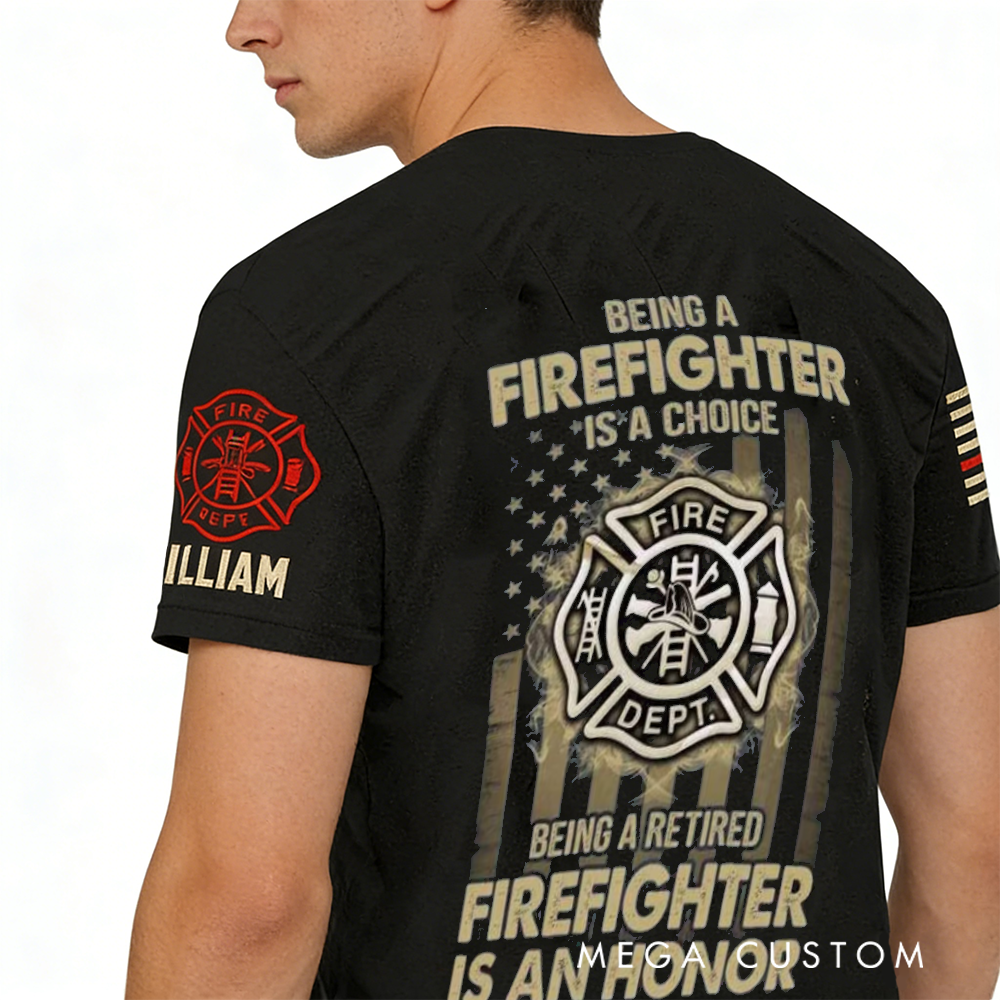 Personalized Firefighter T-Shirt with Fire Dept Emblem and Custom Name - Honoring Service and Retirement