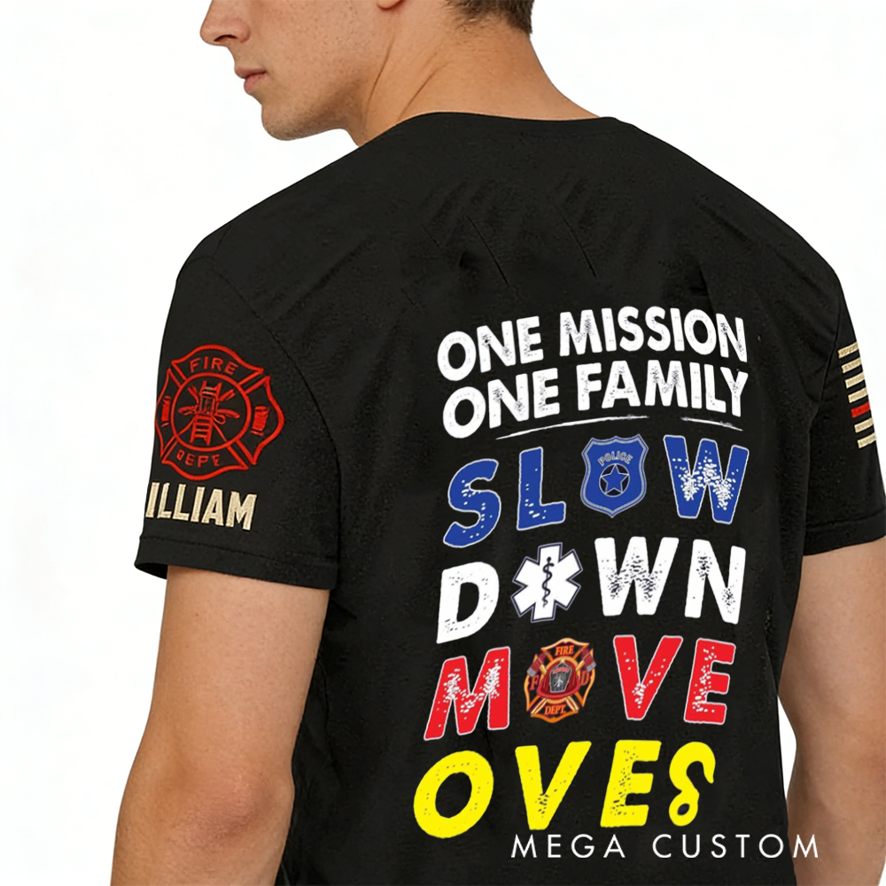 Personalized Firefighter T-Shirt with One Mission, One Family Design and Custom Name Promote Safety and Unity