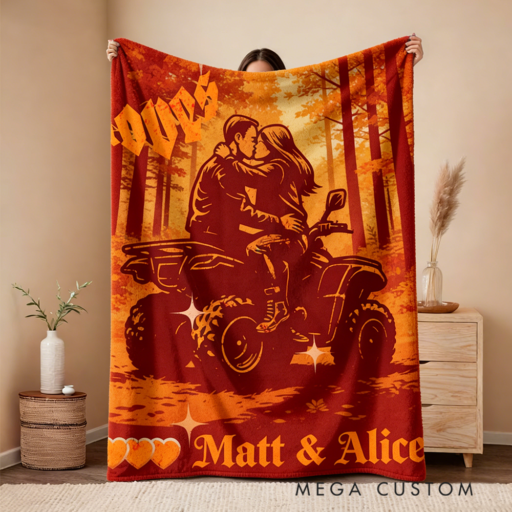 Personalized ATV Couple Blanket Custom Sunset Design for Racing Enthusiasts