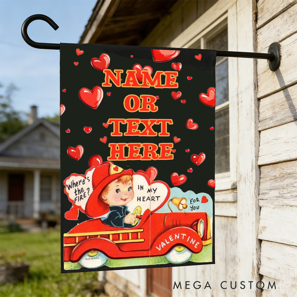 Personalized Valentine's Day Firefighter Garden Flag Custom Text Design Gift