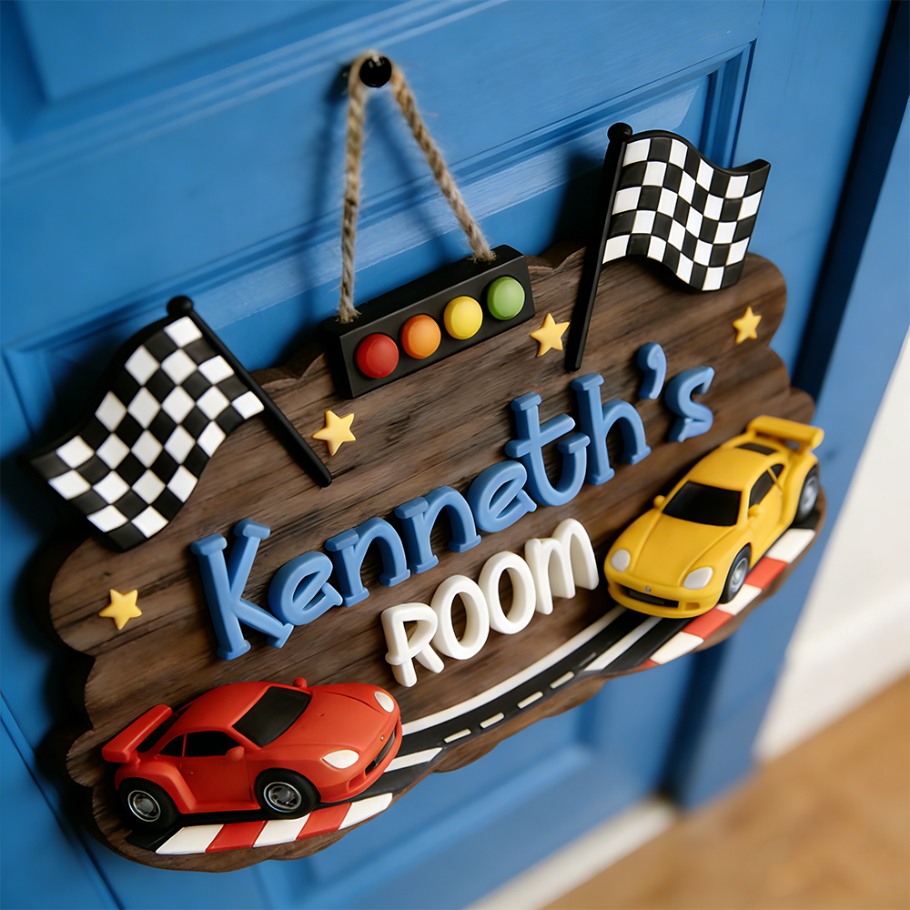 Personalized Racing Themed Door Sign for Kids Custom Room Decor 