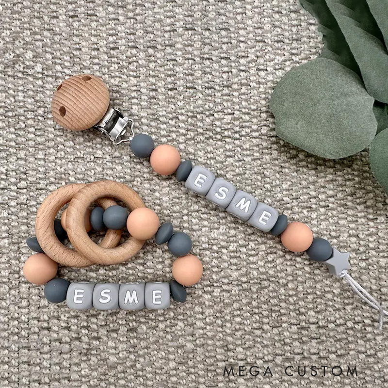 Personalized Baby Name Bead Soother Holders Pacifiers and Clips New Baby Gift