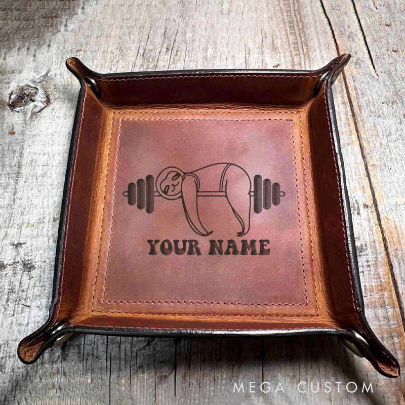 Personalized Sloth Weightlifting Design Leather Tray Organizer Monogrammed Home Decor Catchall Tray Gifts for Him Fitness Enthusiasts