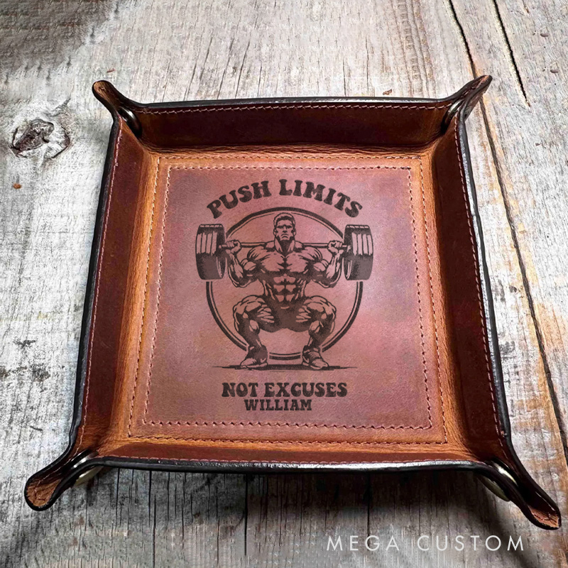 Personalized Push Limits Gym Leather Tray Organizer Monogrammed Home Decor Catchall Tray Gifts for Him Fitness Enthusiasts