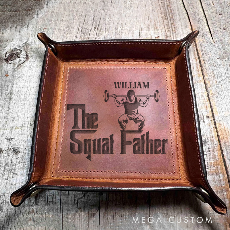 Personalized Squat Father Leather Tray Organizer Monogrammed Home Decor Catchall Tray Gifts for Him Fitness Enthusiasts
