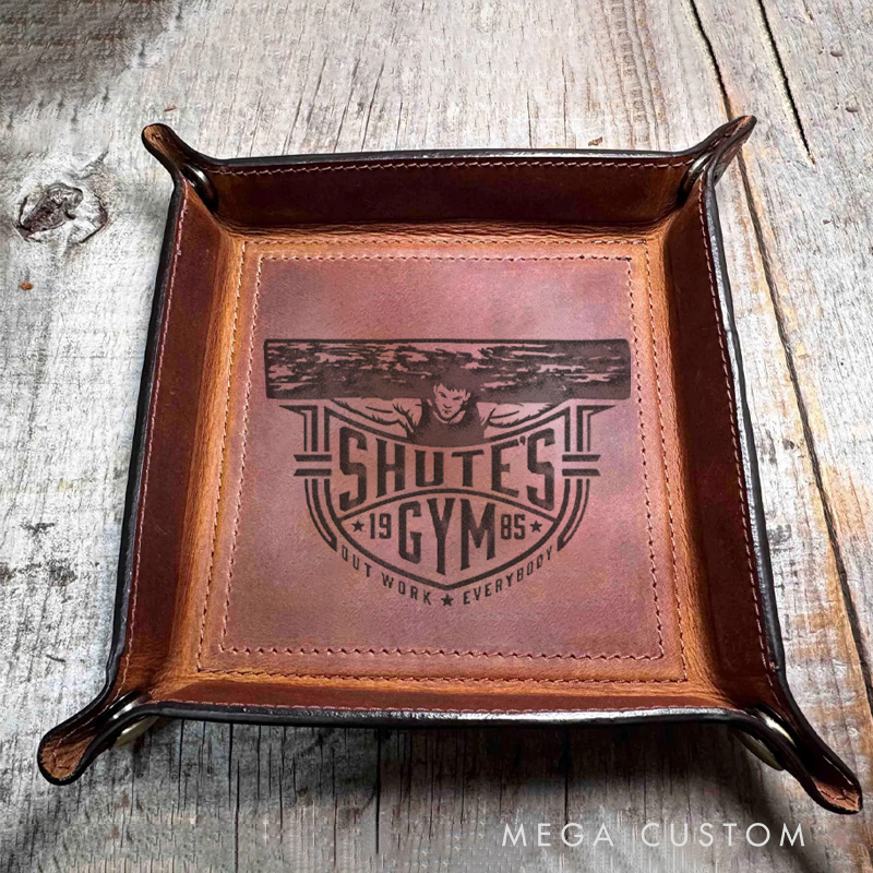 Personalized Vintage Gym Logo Leather Tray Organizer Monogrammed Home Decor Catchall Tray Gifts for Him Fitness Enthusiasts