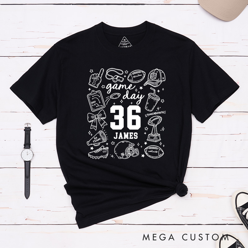 Personalized Game Day American Football T-Shirts with Fun Icon Collage Custom Team Name on the Back