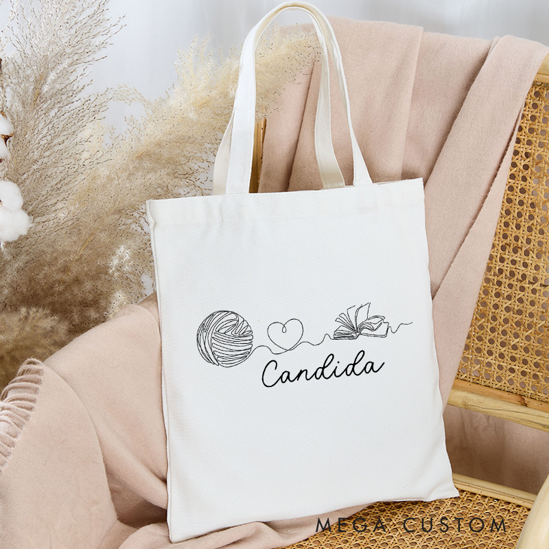 Personalized Yarn And Book Tote Bag Bookish Bag Crocheter Bag Knitter Bag Yarn Lover Gift for Knitting Lover Gift Reading Lover Gift