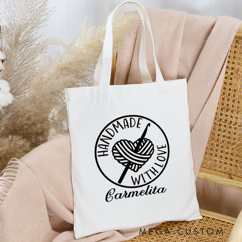 Personalized Handmade with Love Tote Bag Crocheter Bag with Name Yarn Lover Gift for Knitting Lover Gift Crocheting Lover Gift