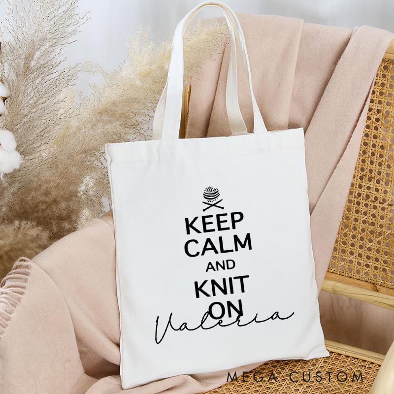 Personalized Keep Calm And Knit On Tote Bag Knitter Bag with Name Yarn Lover Bag for Knitting Lover Gift for Knitter