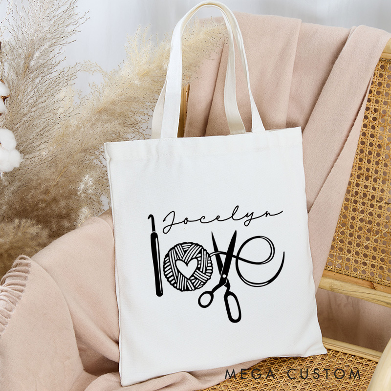 Personalized Crochet Love Tote Bag Knitter Canvas Bag with Name Yarn Lover Bag for Knitting Lover Gift Crocheting Lover Gift