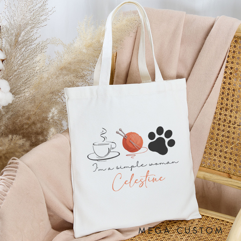 Personalized I'm A Simple Women Tote Bag Coffee Yarn Dogs Bag Canvas Crocheter Bag with Name Yarn Lover Gift Knitting Gift Crocheting Gift