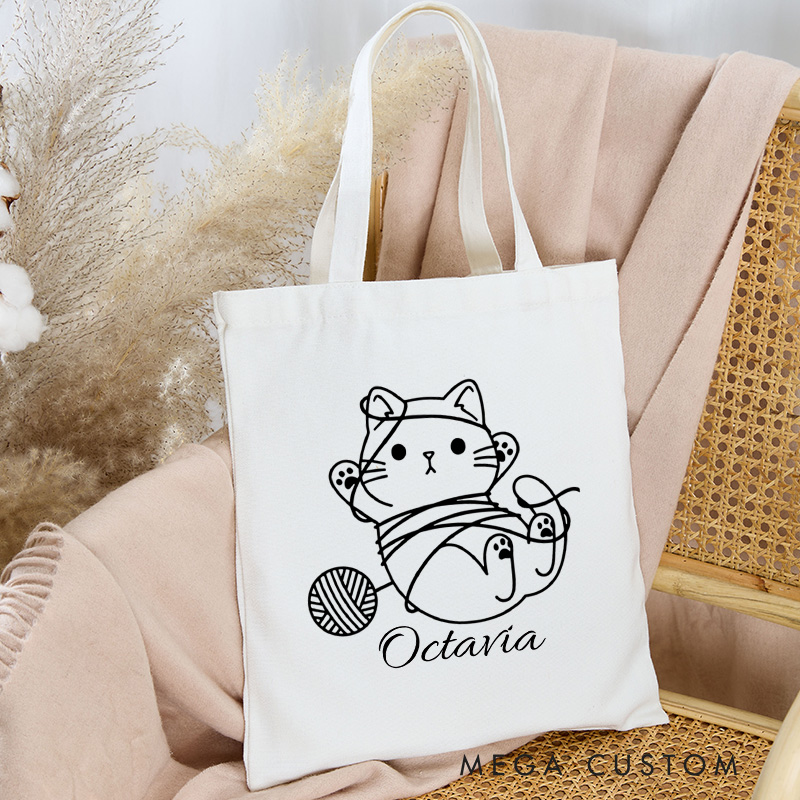 Personalized Cat Knitting Tote Bag Canvas Yarning Bag Crochet Lover Bag with Name Yarn Lover Gift Knitting Gift Crocheting Gift