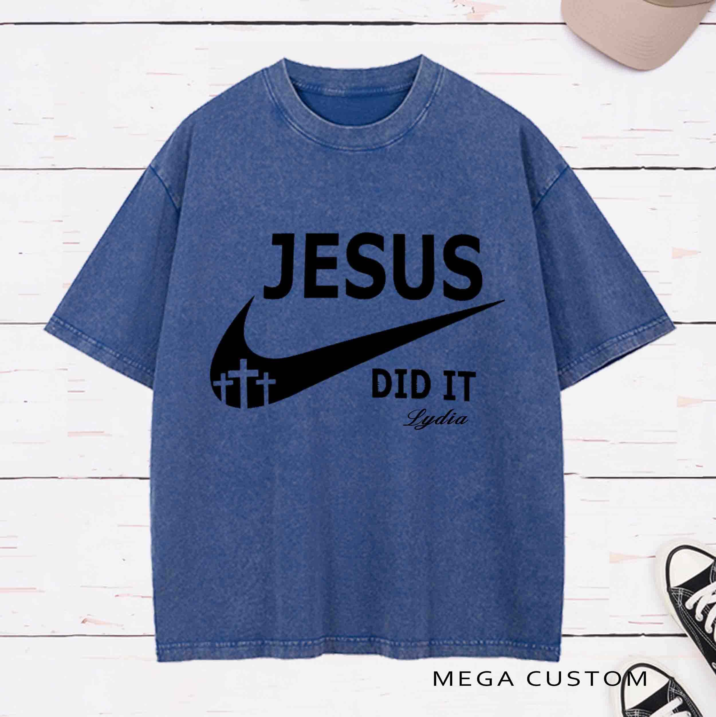 Personlized Character Bible Verse Jesus Did It and Christian Cross Printed Washed T-Shirt with Name Birthday Baptism Gift for Christian   