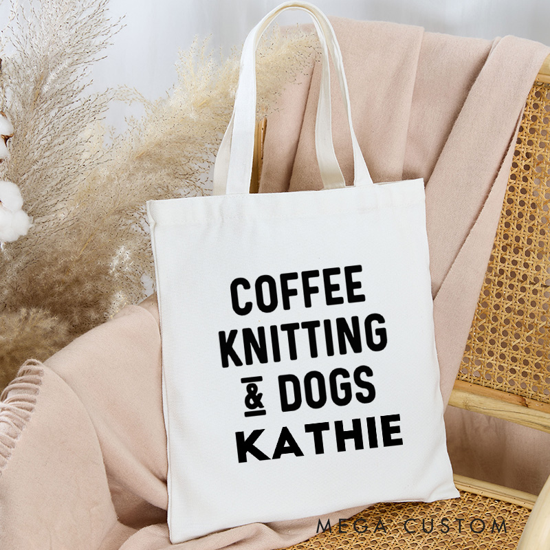 Personalized Coffee Knitting Dogs Tote Bag Knitting Lover Bag Canvas Bag with Name Yarning Bag for Knitting Lover Gift
