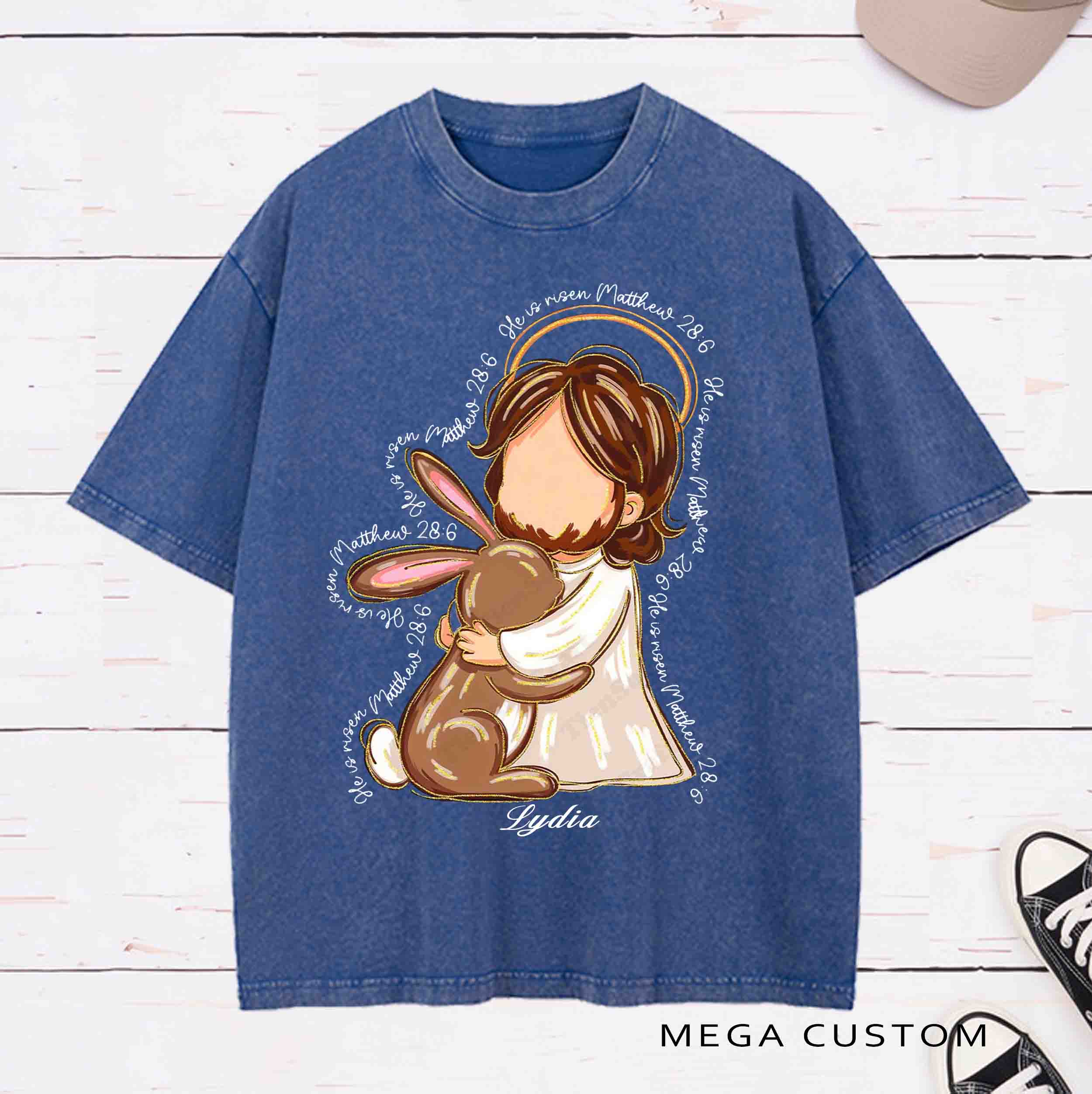 Personalized Character He Is Risen Washed T-Shirt with Name Birthday Easter Gift for Christian