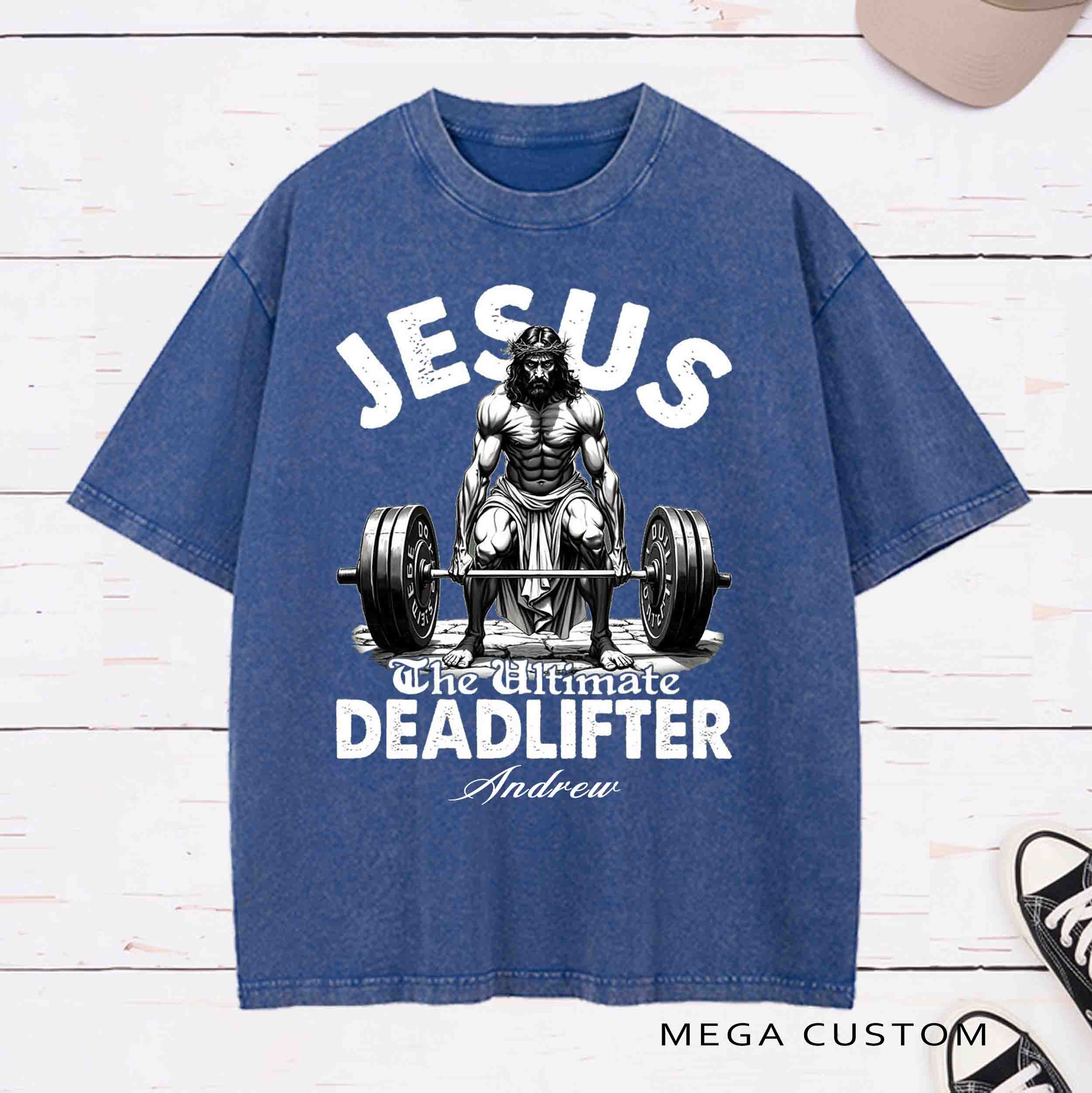 Personalized Character Jesus The Ultimate Deadlifter Washed T-Shirt with Name Birthday Easter Gift for Christian
