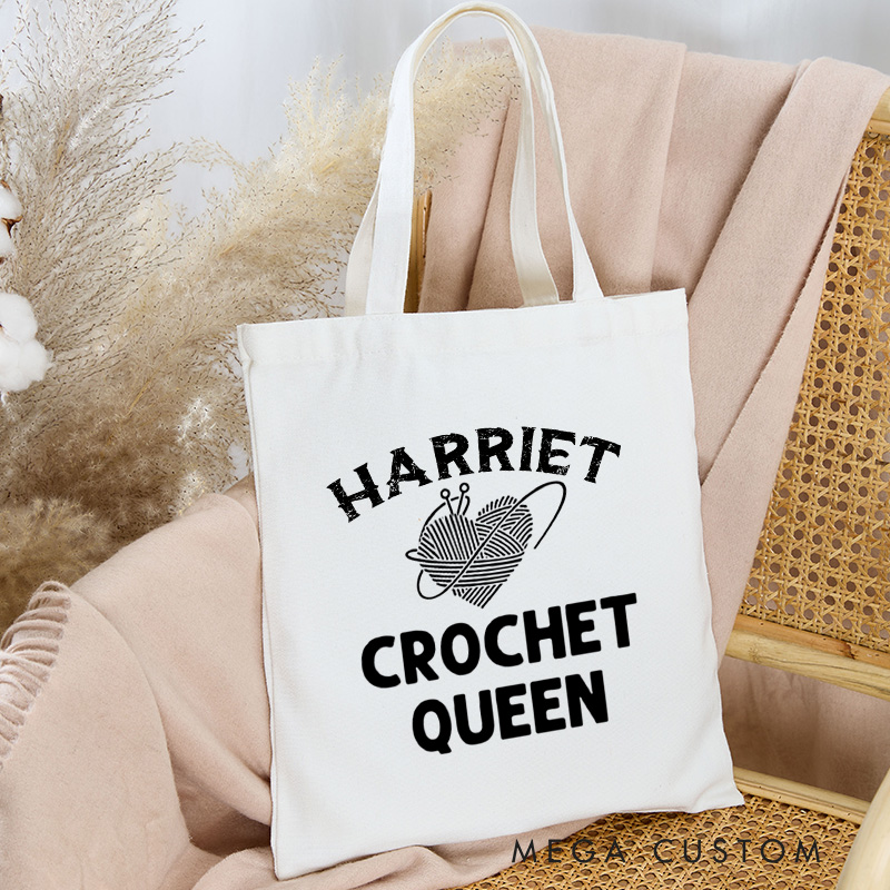 Personalized Crochet Queen Tote Bag Yarning Canvas Bag Custom Crochet Lover Bag with Name Yarn Lover Gift Crocheting Gift