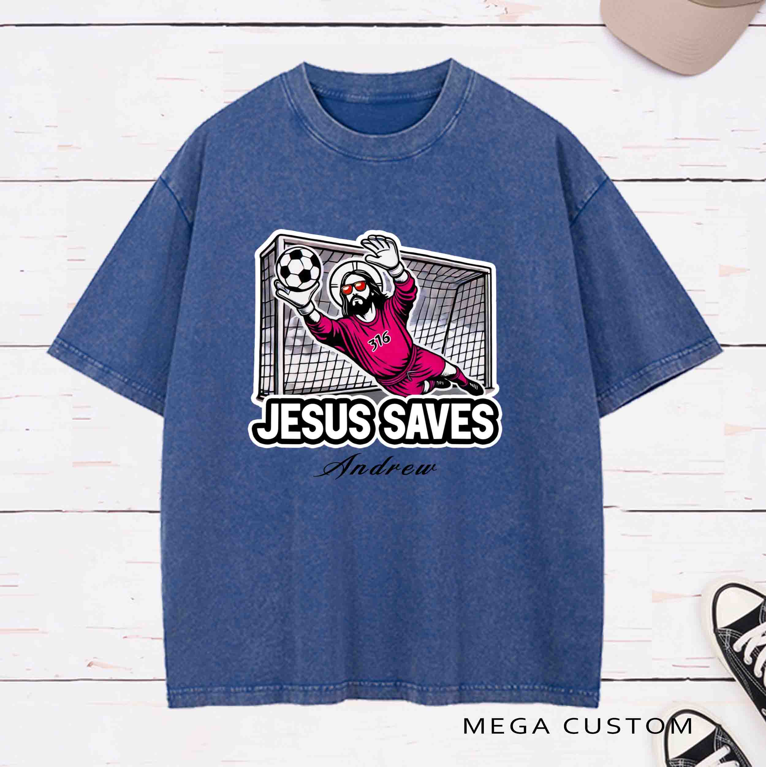 Personalized Character Jesus Saves Washed T-Shirt with Name Birthday Easter Gift for Christian