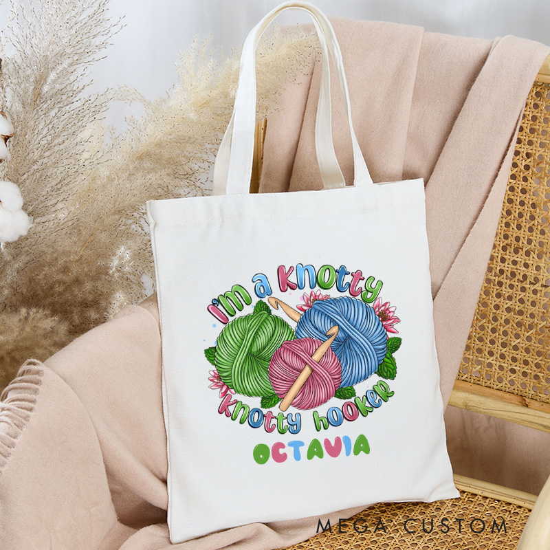 Personalized I’m A Knotty Hooker Crochet Tote Bag Canvas Crochet Lover Bag Yarn Lover Gift Knitting Lover Gift Crocheting Lover Gift
