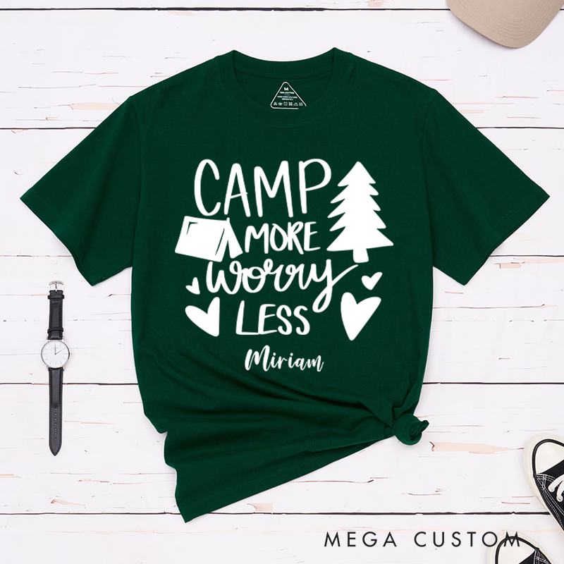 Personalized Camp More Worry Less T-Shirt Camping Outdoors Hiking Adventure Lover Gift